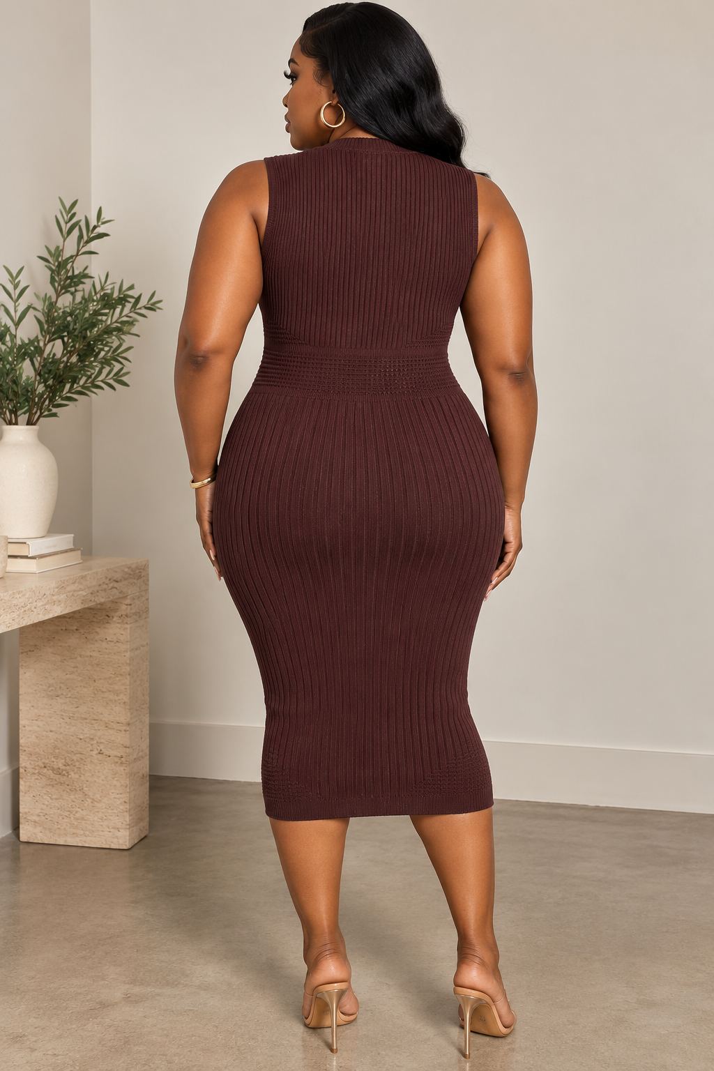 GOLD BUTTON KNIT SLEEVELESS DRESS (PLUS)