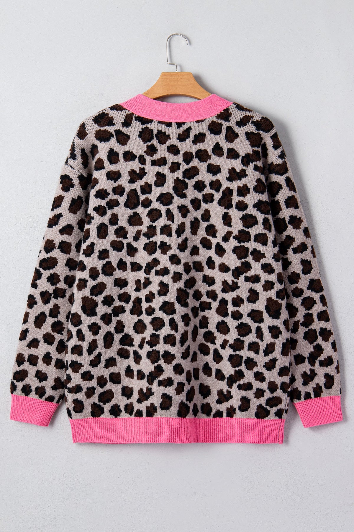 Khaki Oversize Color Block Trim Button Down Leopard Print Cardigan