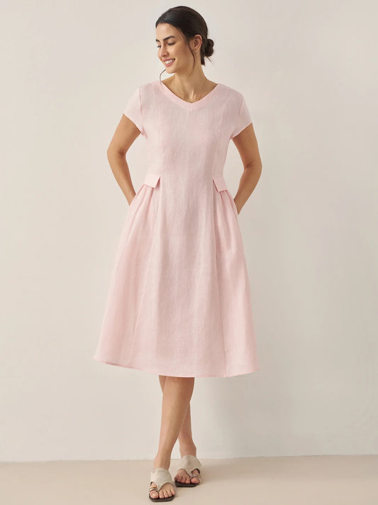 100% Linen Natural Summer V-Neck Dress ALEXA