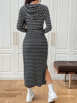 Drawstring Striped Long Sleeve Hooded Dress