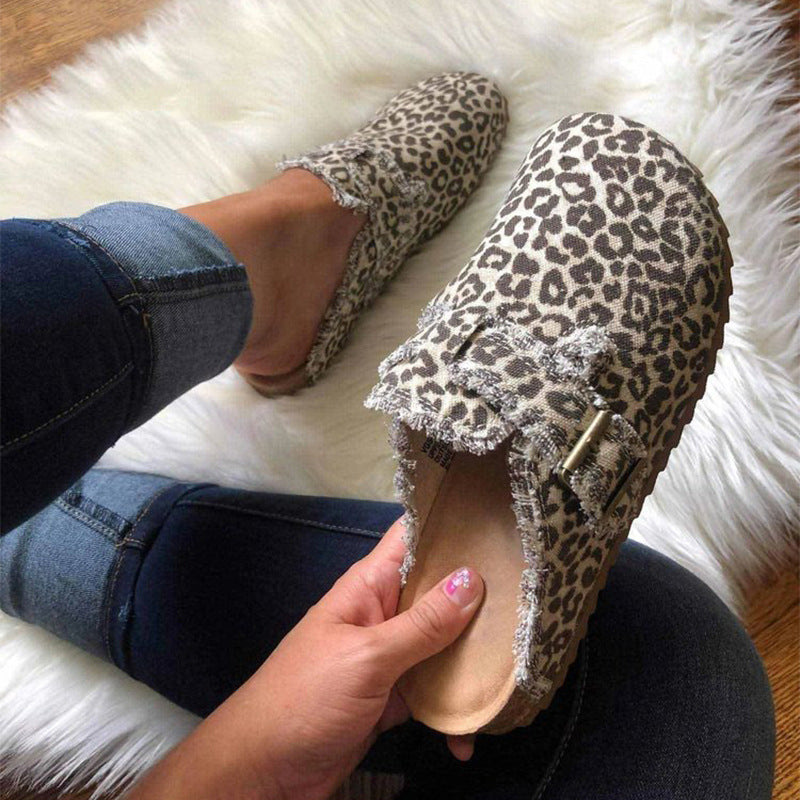 New Leopard Print Baotou Half-support Slip-on Shoes Peas Shoes
