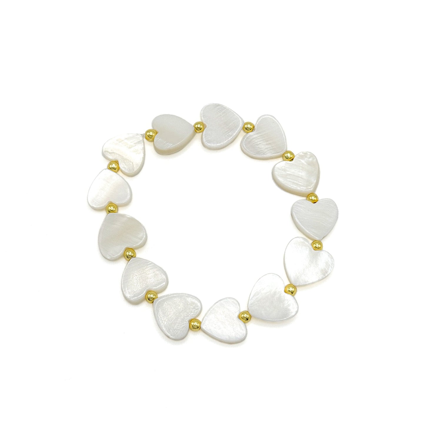 Be Mine mother of pearl heart and gold bead stretch bracelet