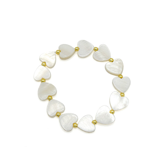 Be Mine mother of pearl heart and gold bead stretch bracelet
