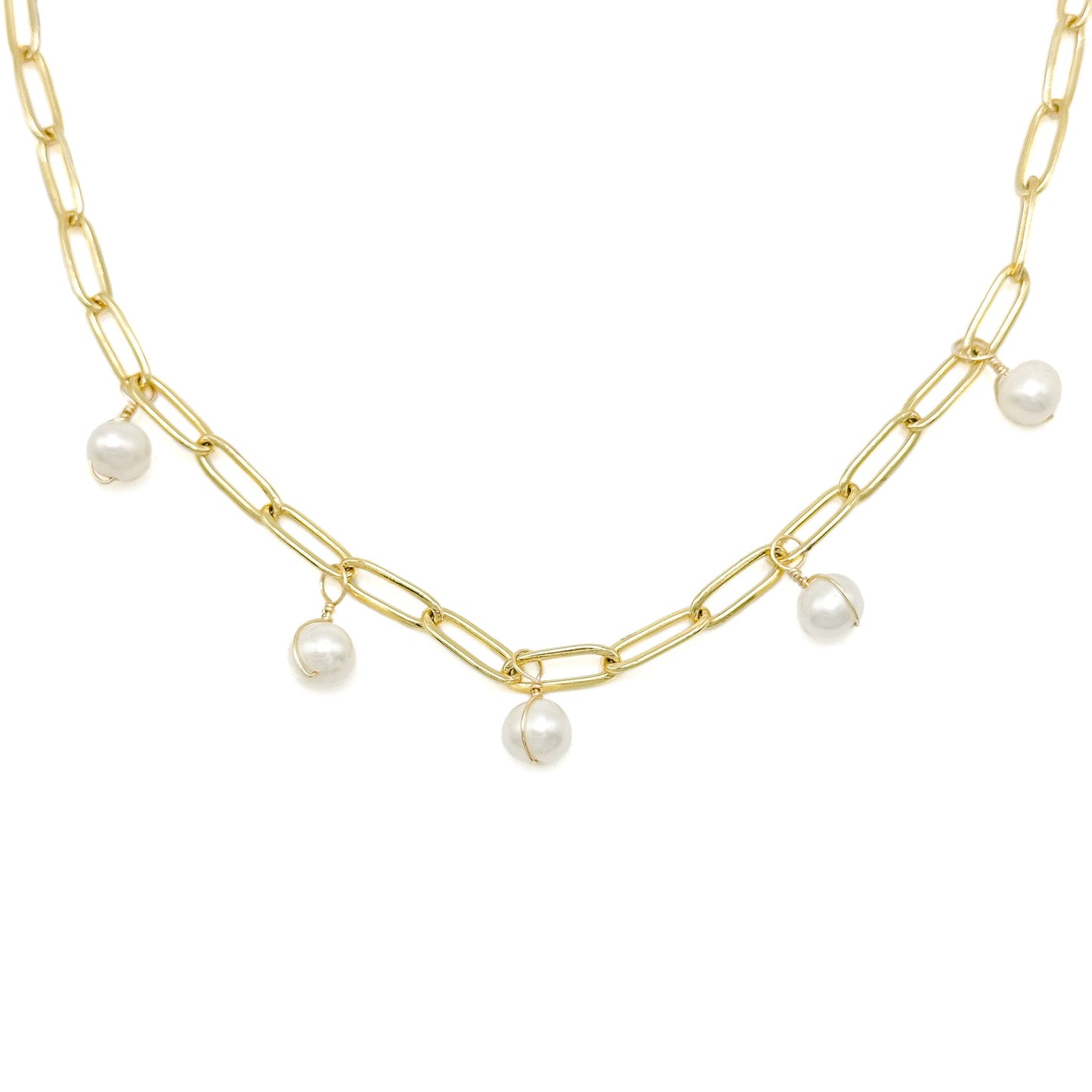 Celestial pearl and gold paperclip chain necklace