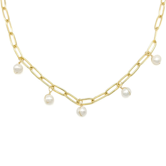 Celestial pearl and gold paperclip chain necklace