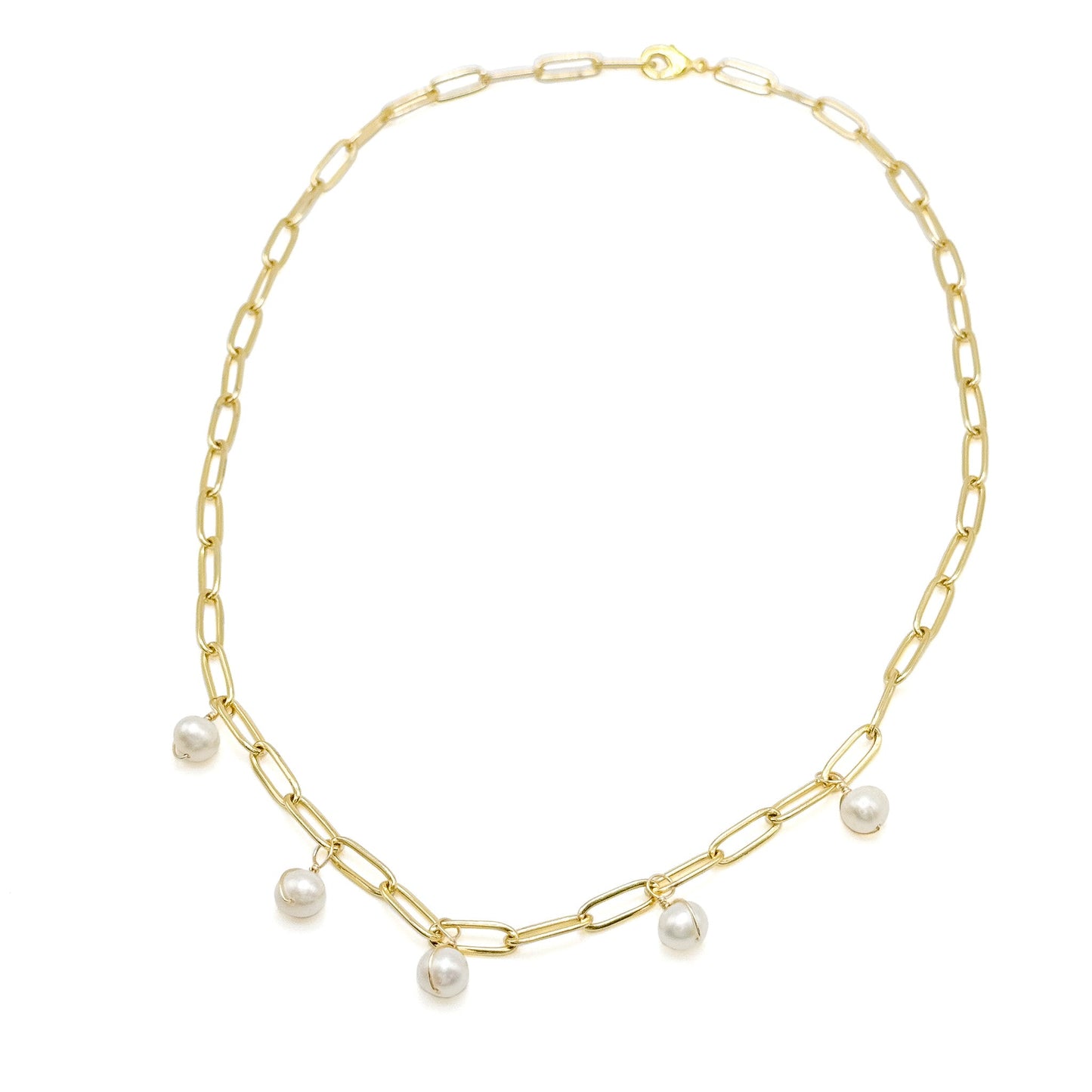 Celestial pearl and gold paperclip chain necklace