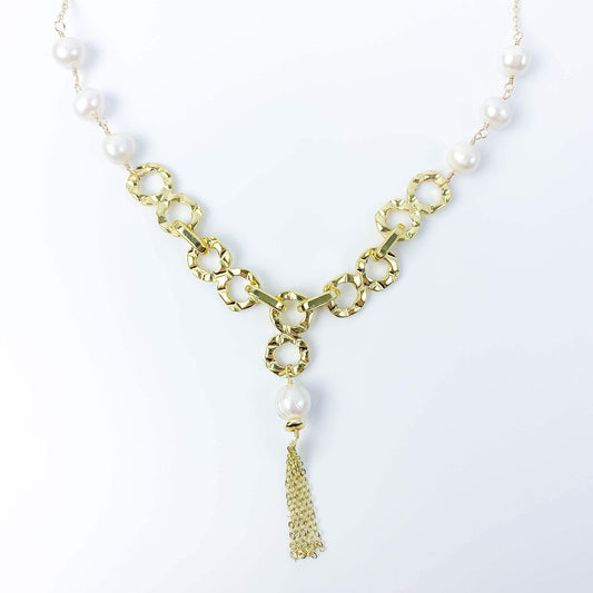 Empowering pearl and gold chain y necklace with tassel detail