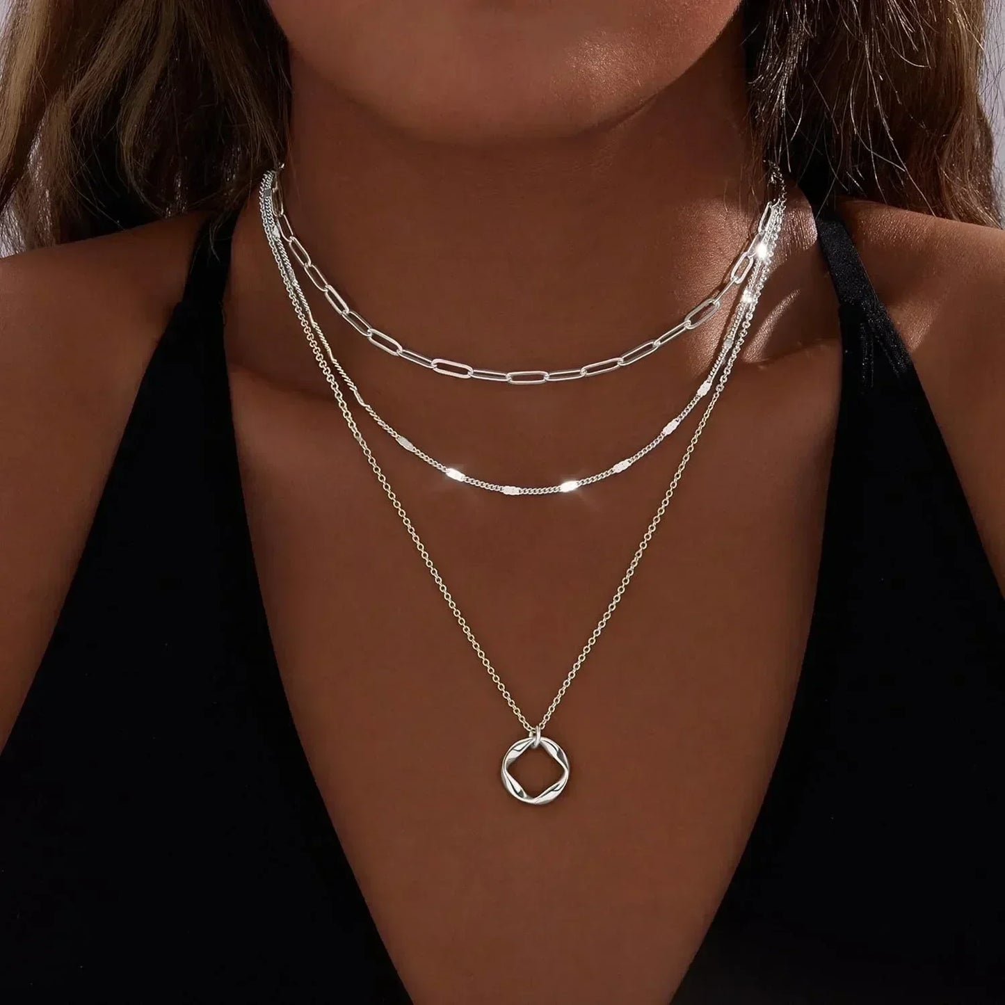Layered Gold Necklaces for Women Stackable14K Gold Silver Plated Circle Paperclip Chain Pendant Choker Necklace Set For Woman