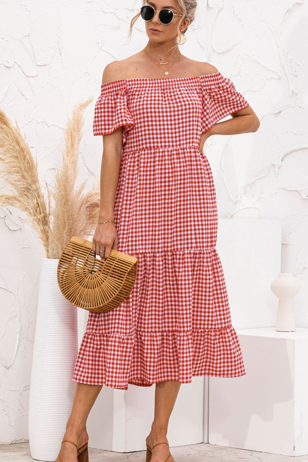 Plaid Off-Shoulder Tiered Midi Dress – IJZ Boutiques