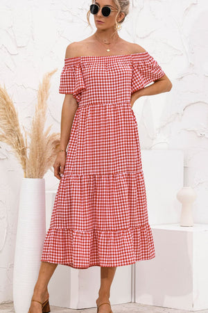Plaid Off-Shoulder Tiered Midi Dress
