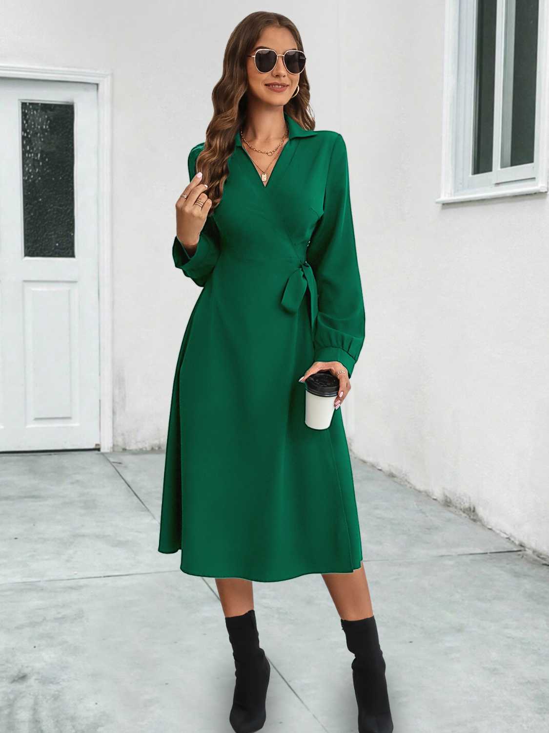 Collared Tied Long Sleeve Dress
