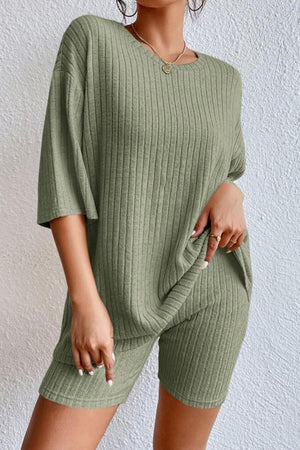Round Neck Ribbed Top and Shorts Lounge Set